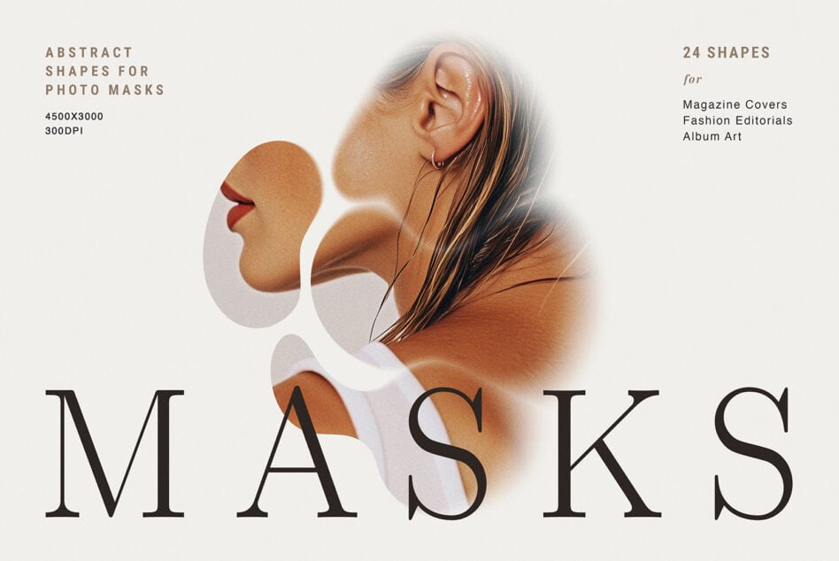 Collection of 24 organic shape masks layered over portrait photography for editorial designs