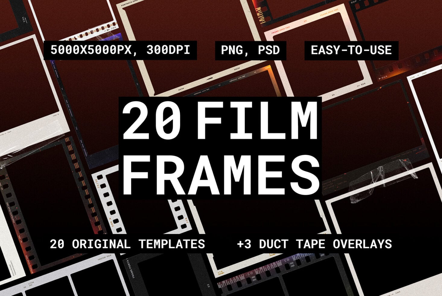 Overhead shot of 20 film frame mockups with instant photo borders on burgundy background