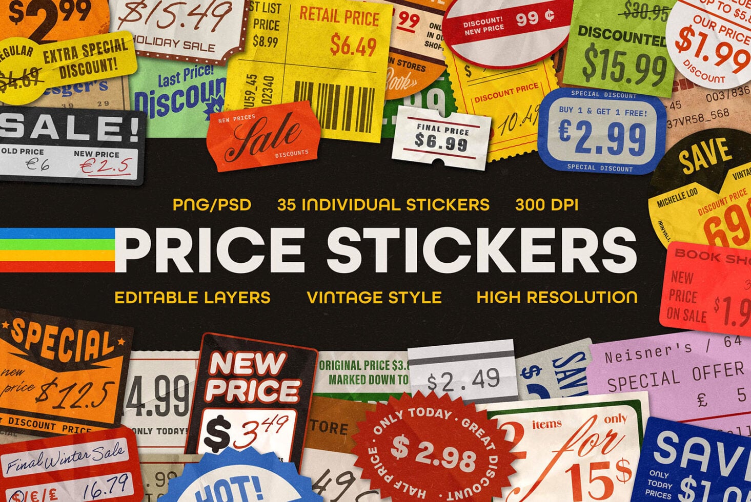Colorful vintage price stickers with sale tags, discount labels, barcodes in yellow, red, blue, orange across black background