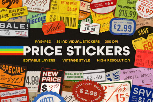 Colorful vintage price stickers with sale tags, discount labels, barcodes in yellow, red, blue, orange across black background