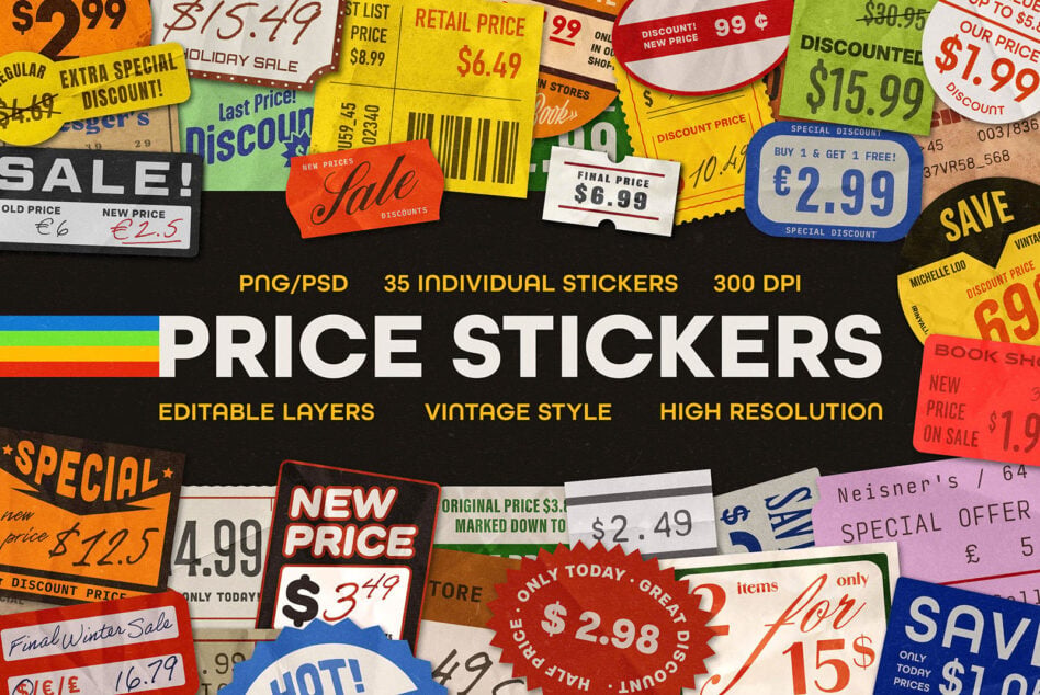 Colorful vintage price stickers with sale tags, discount labels, barcodes in yellow, red, blue, orange across black background