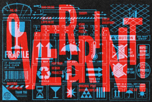 Retro packaging label mockup with bold red, cyan blueprint style graphics, shipping warnings, care instructions, fragile symbols