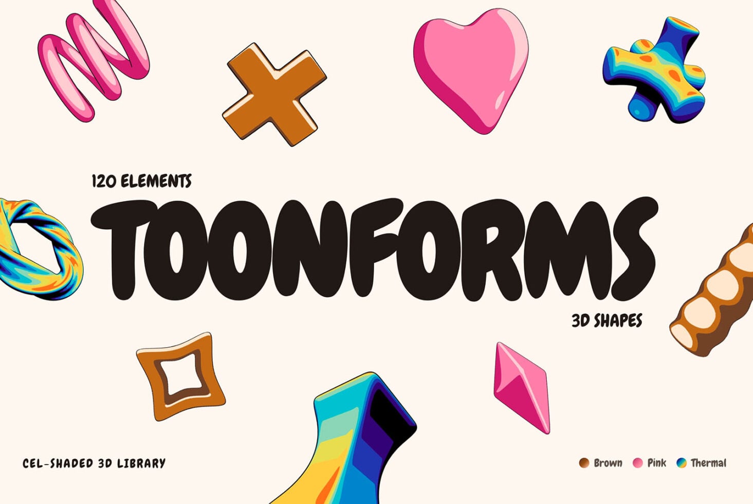 Toonforms 3D shapes library with 120 cel-shaded elements in pink, brown, thermal gradients