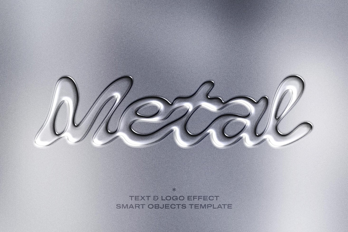 Liquid chrome text effect mockup on gray background with smart object template