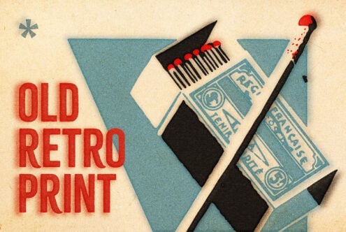 Vintage poster with red "OLD RETRO PRINT" text, paintbrush, matches, retro boxes on cream background