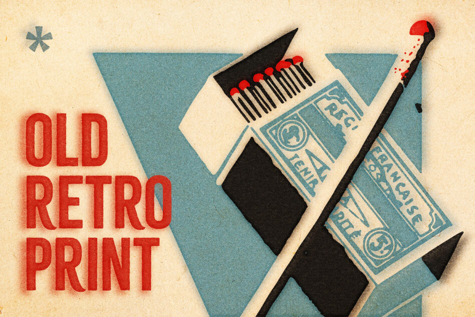 Vintage poster with red "OLD RETRO PRINT" text, paintbrush, matches, retro boxes on cream background