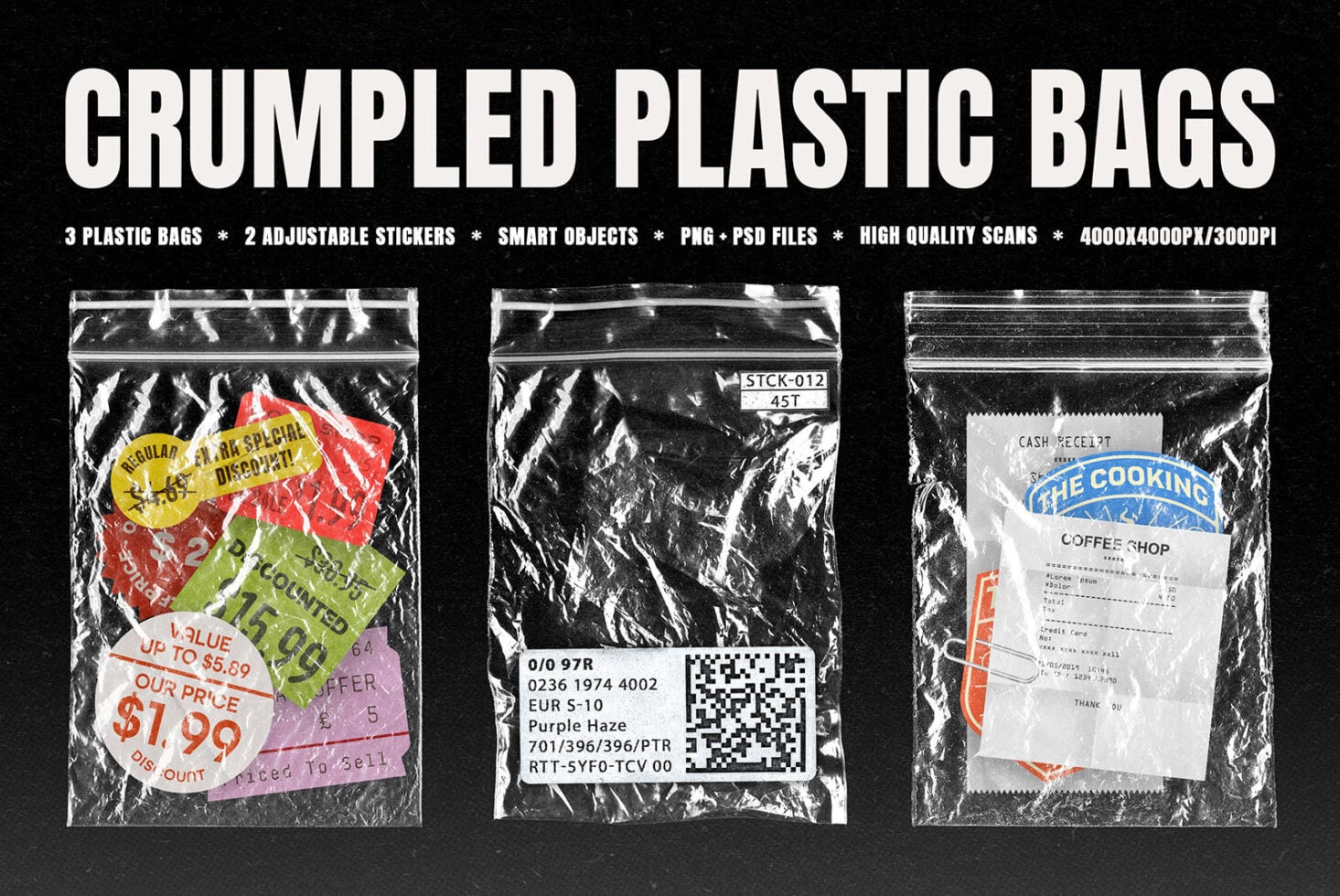Crumpled plastic bags mockup with stickers, QR codes, receipts for branding designs