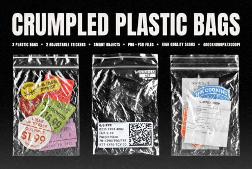 Crumpled plastic bags mockup with stickers, QR codes, receipts for branding designs