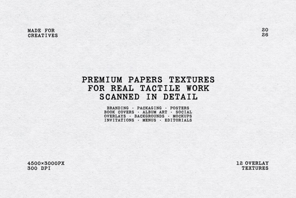 High res scanned paper textures with subtle grain, 12 overlay files for branding work
