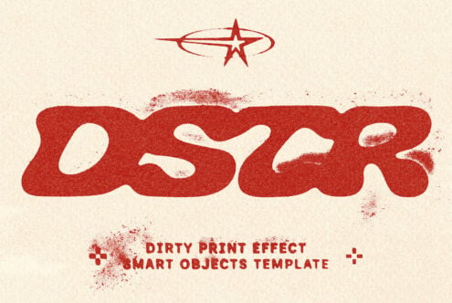Retro red star logo with wavy text, grungy texture, cream background mockup template
