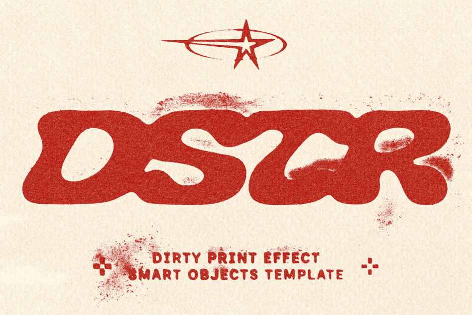 Retro red star logo with wavy text, grungy texture, cream background mockup template