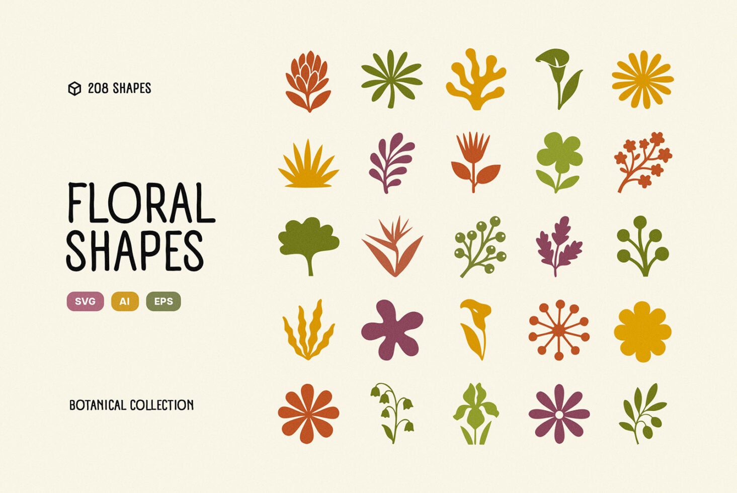 208 botanical vector shapes in warm earth tones, flowers, leaves, branches for design projects