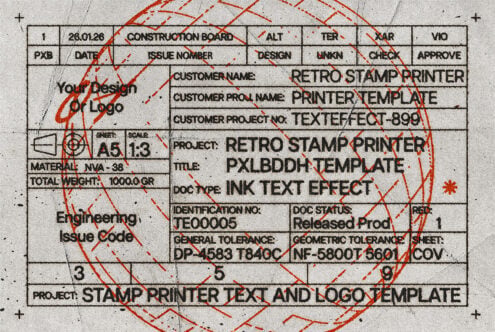 Retro stamp printer template mockup with red ink marks over industrial blueprint grid layout