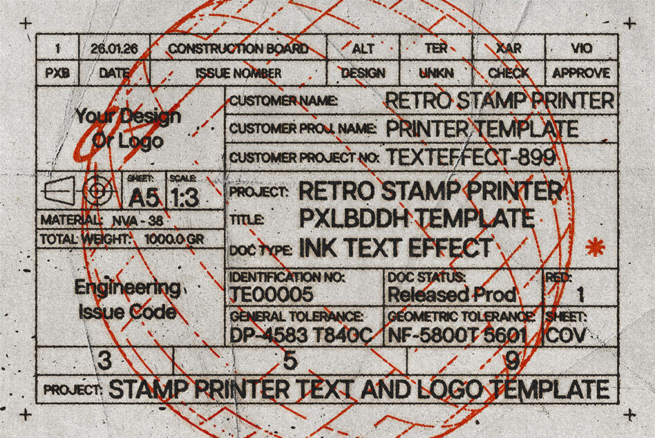 Retro stamp printer template mockup with red ink marks over industrial blueprint grid layout