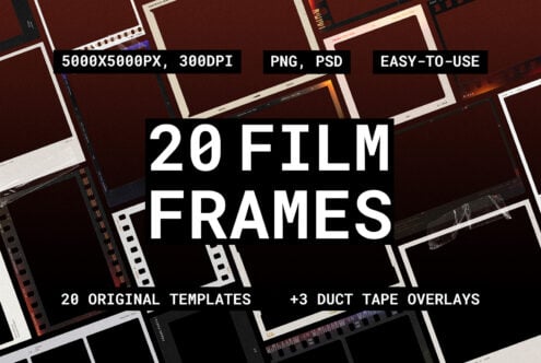 Overhead shot of 20 film frame mockups with instant photo borders on burgundy background