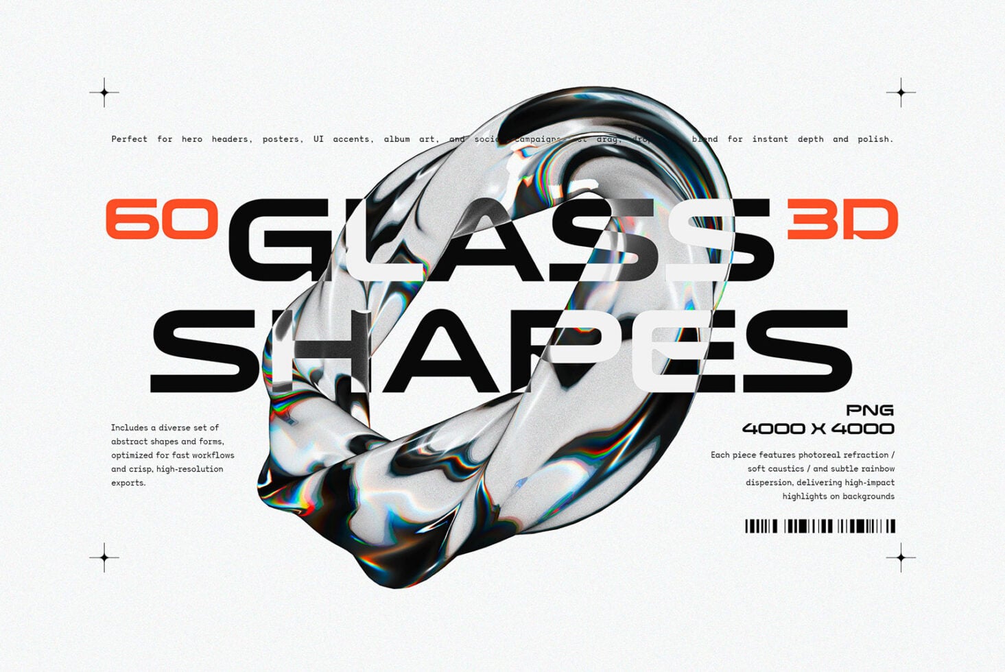 60 Glass 3D Shapes collection with iridescent chrome forms, rainbow dispersion effects, high-res PNG pack