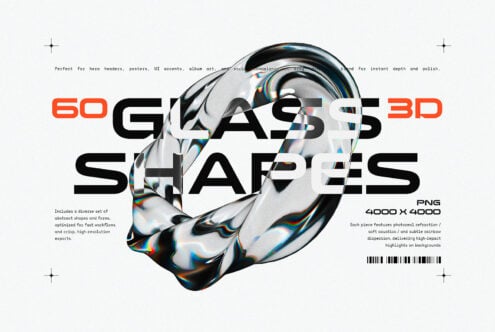 60 Glass 3D Shapes collection with iridescent chrome forms, rainbow dispersion effects, high-res PNG pack