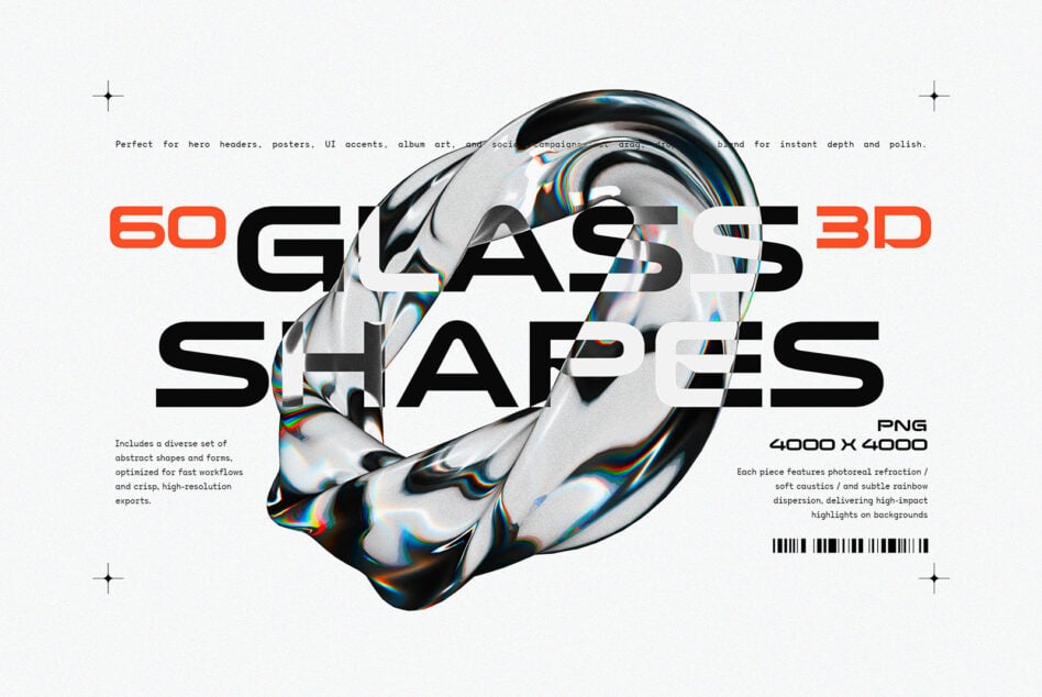 60 Glass 3D Shapes collection with iridescent chrome forms, rainbow dispersion effects, high-res PNG pack