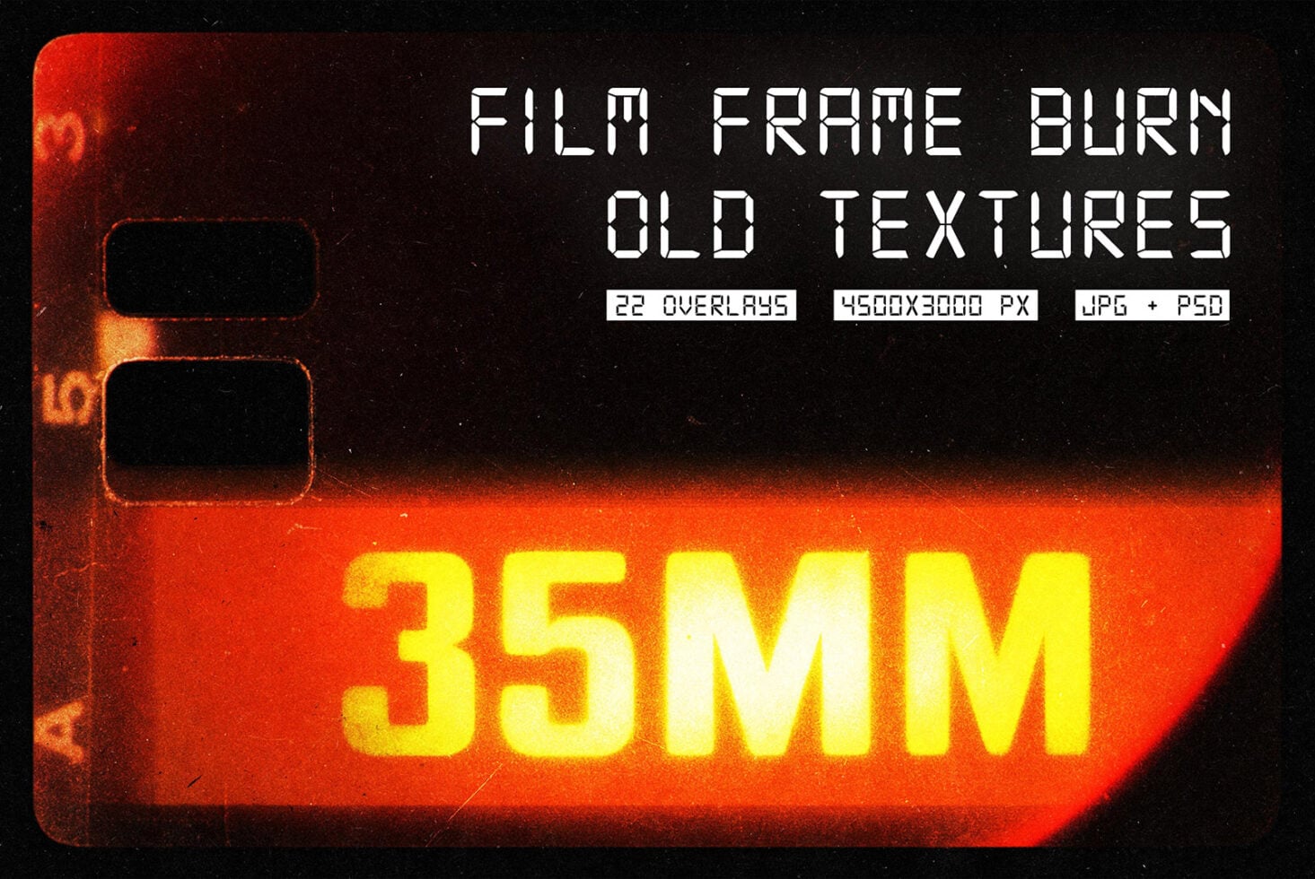 Vintage film frame texture pack with glowing orange burn marks, 22 overlays in high resolution