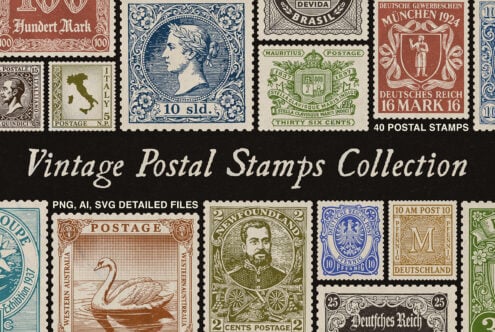 Vintage postal stamps collection featuring 40 international stamps with ornate borders, portraits, animals across multiple countries