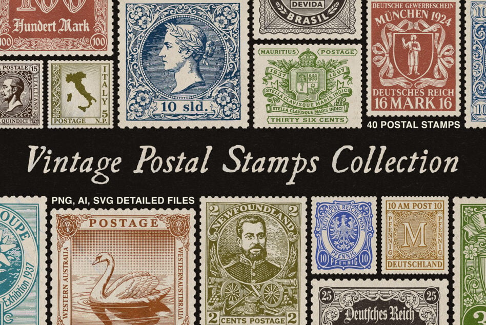 Vintage postal stamps collection featuring 40 international stamps with ornate borders, portraits, animals across multiple countries