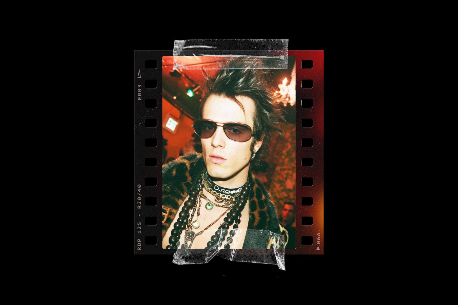 Film strip frame mockup with edgy portrait photo, grunge tape overlays, red border, retro aesthetic