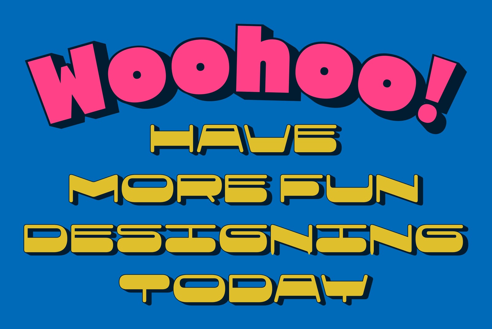Bold retro 3D font with hot pink, yellow, blue colors showing stacked letterforms