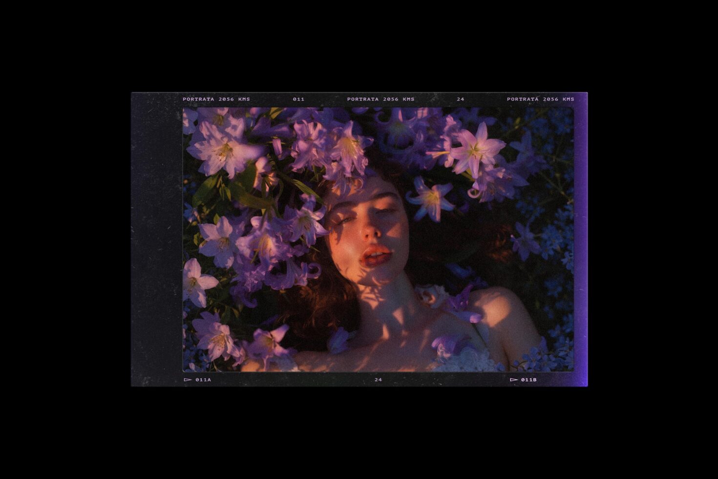 Film strip contact sheet showing woman surrounded by purple flowers in moody cinematic lighting