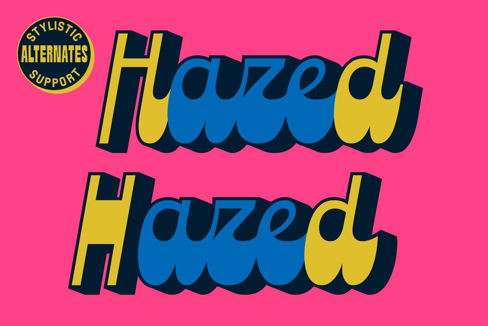 Bold 3D font with blue letters, yellow shadow, dark outline on hot pink background with badge