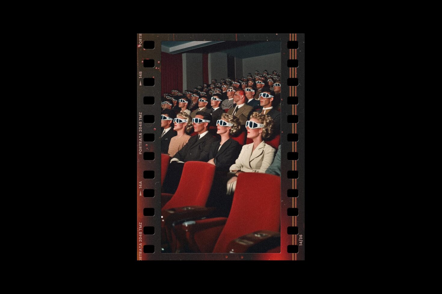 Vintage film strip of 1950s movie theater audience wearing 3D glasses during screening