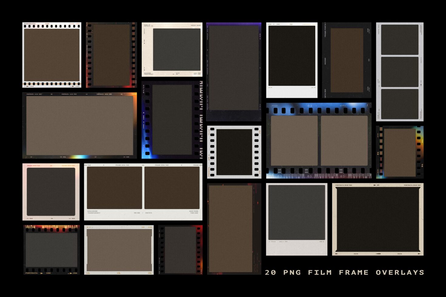 Vintage film frame overlays collection showing 20 different retro camera frame designs with various border styles