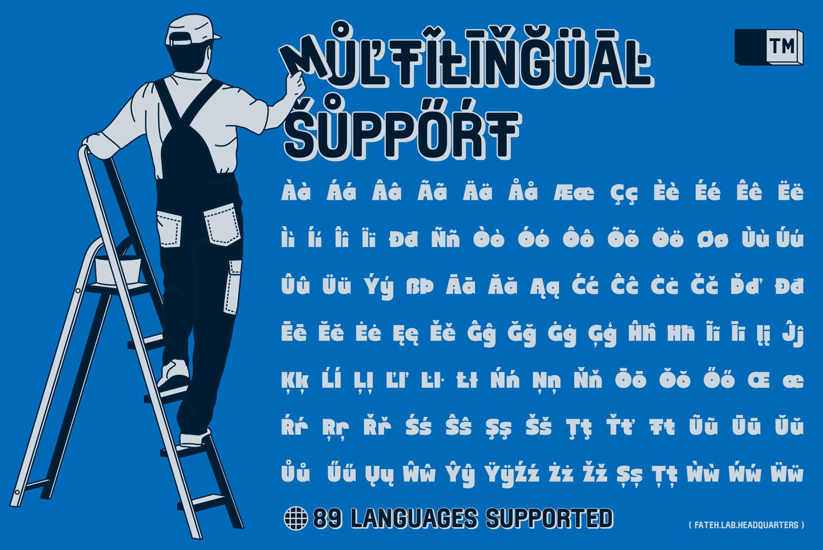 Bold sans serif font with multilingual character support shown on bright blue background with illustrated worker on ladder