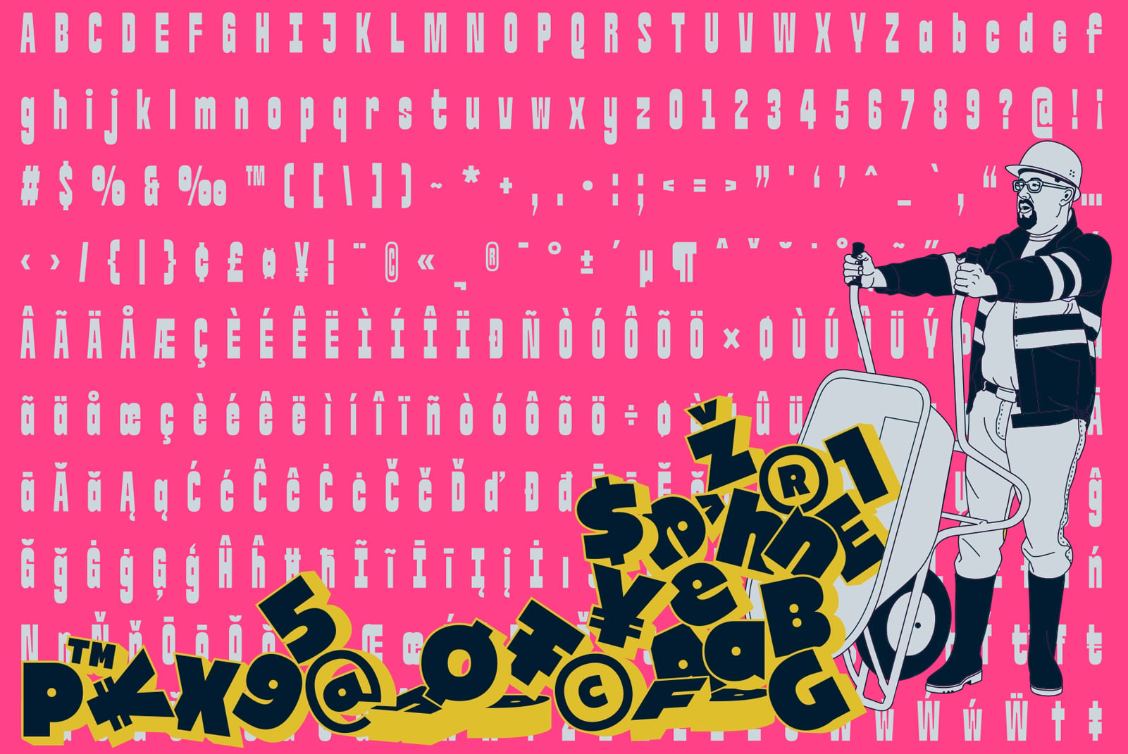 Neon pink font display with full character set, numbers, symbols, plus illustrated character on scooter