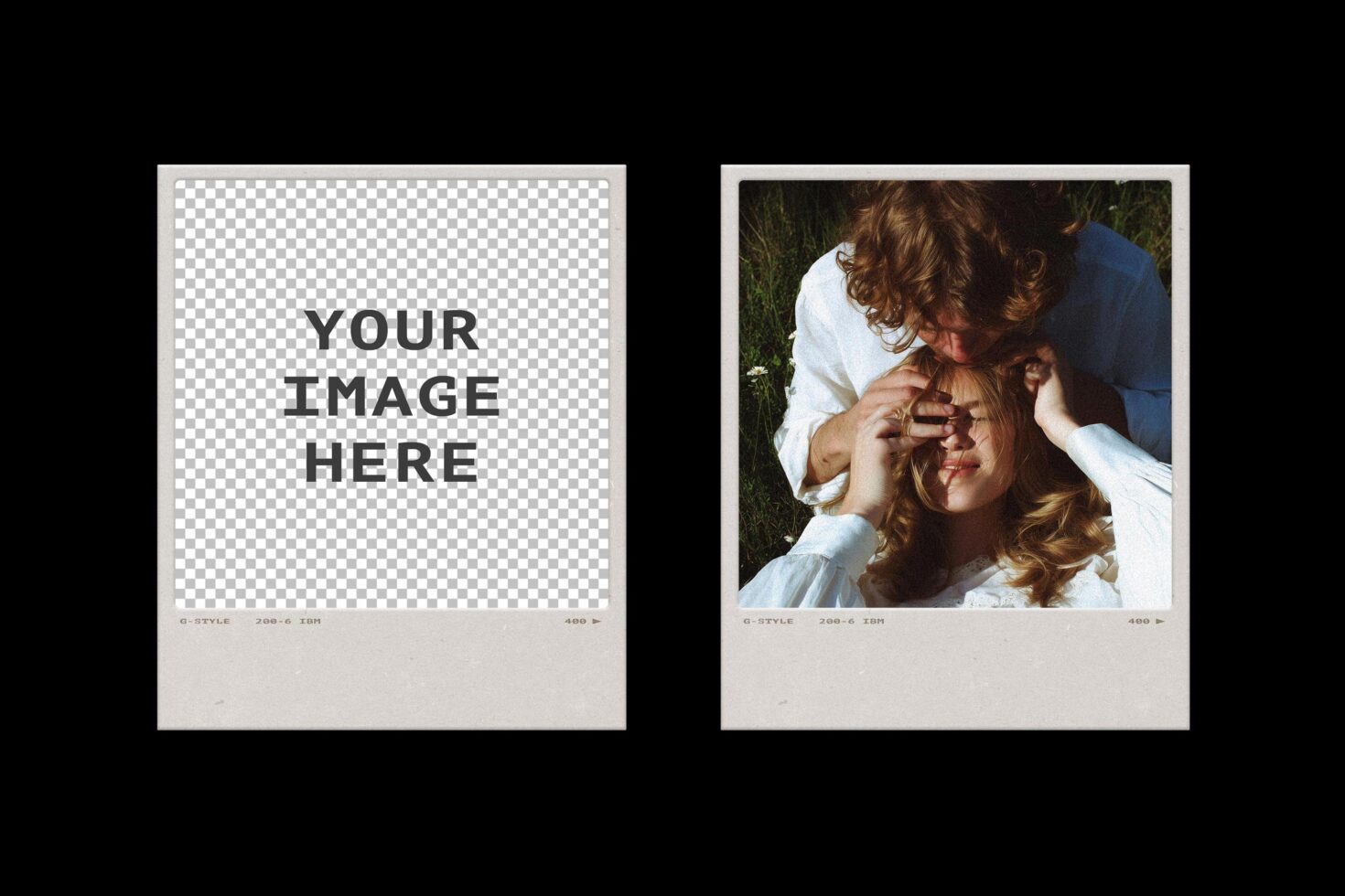 Vintage polaroid mockup with editable transparent layer on left, lifestyle photo of couple on grass on right