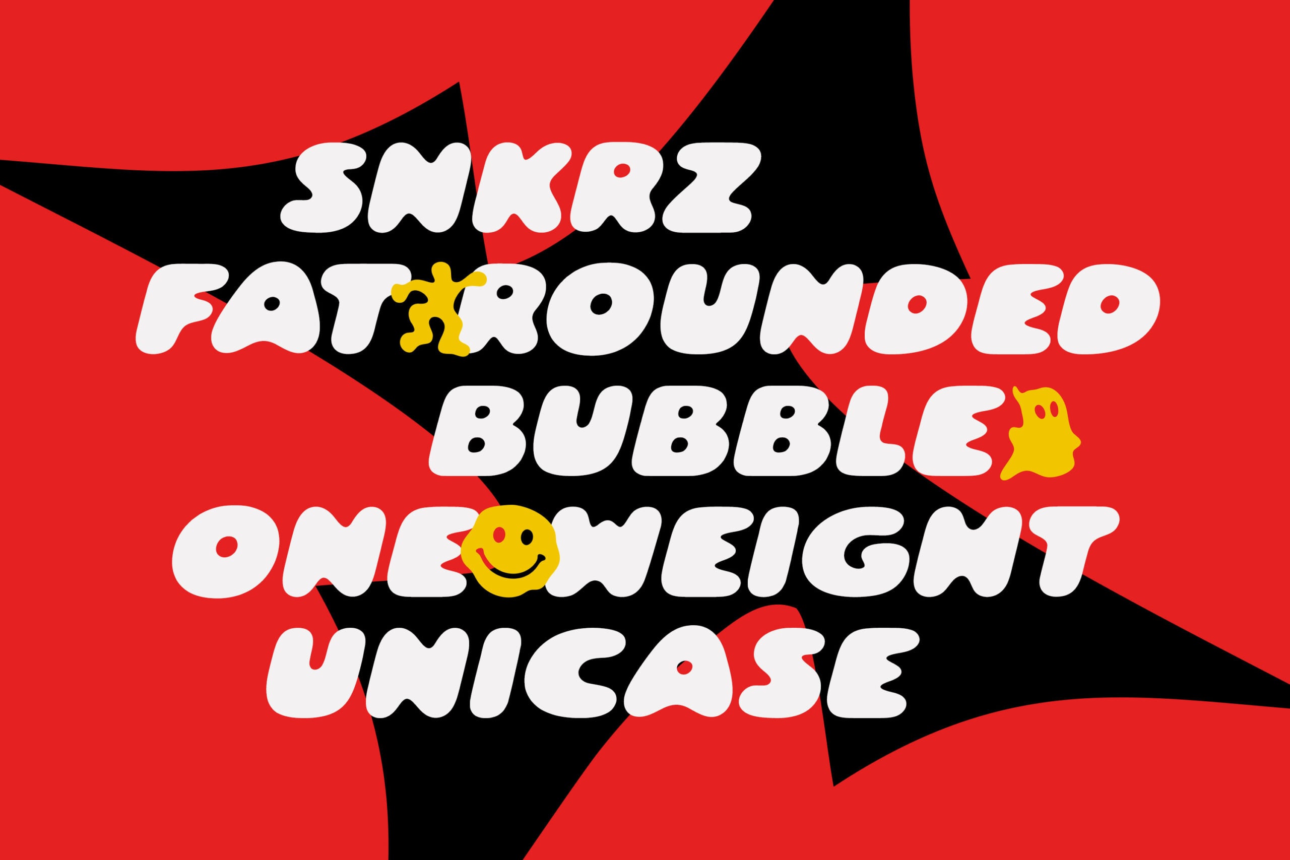 Bold retro font with playful smiley faces on vibrant red with black star shapes