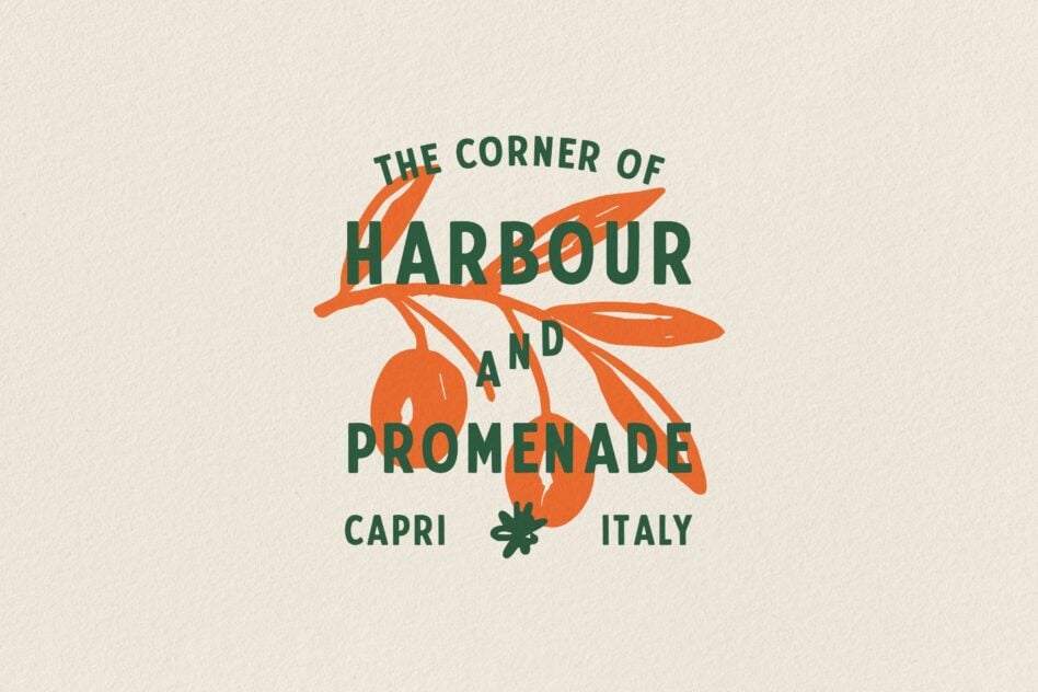 Vintage-style badge with orange lemons, green text reading "The Corner of Harbour Promenade Capri Italy"