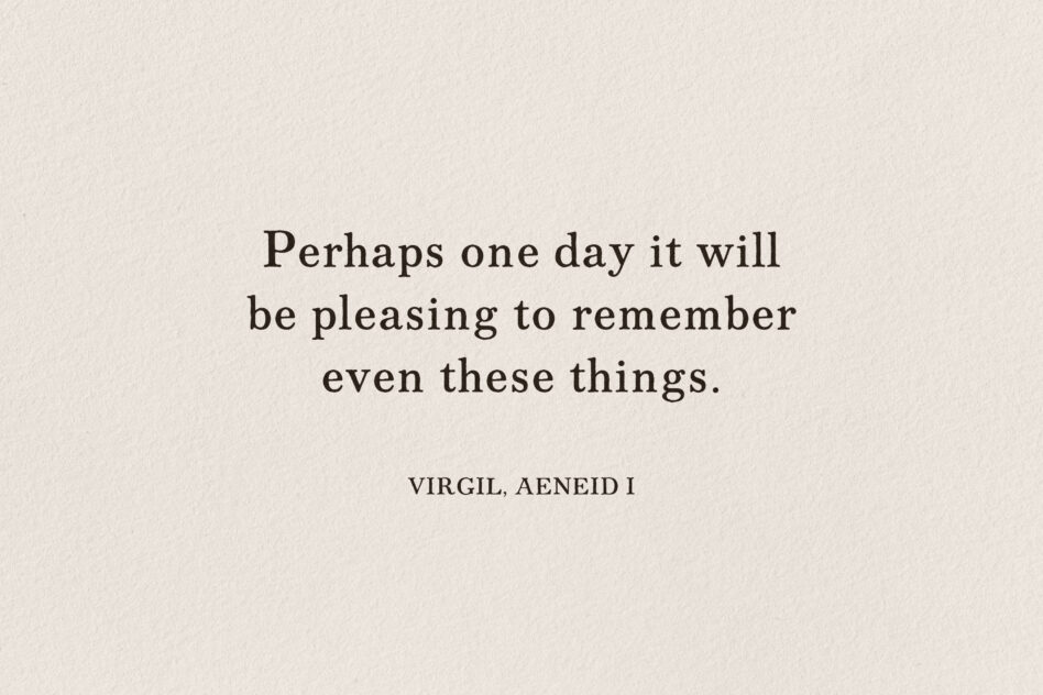 Minimalist quote graphic with serif typography on cream paper texture, Virgil Aeneid I