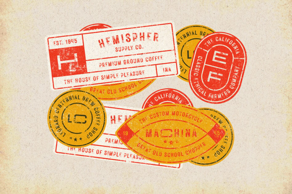 Vintage stamp collection with red rectangular labels, yellow circular badges, worn texture on cream background