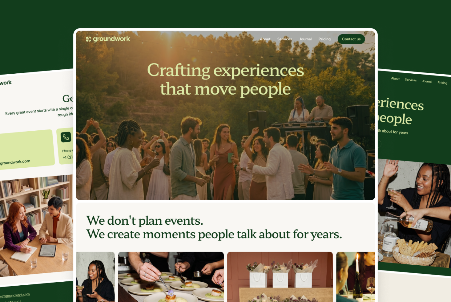 Event agency website mockup showing outdoor festival scene with crowd, green navigation bar, headline text, plus smaller desktop layout previews