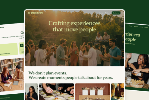 Event agency website mockup showing outdoor festival scene with crowd, green navigation bar, headline text, plus smaller desktop layout previews