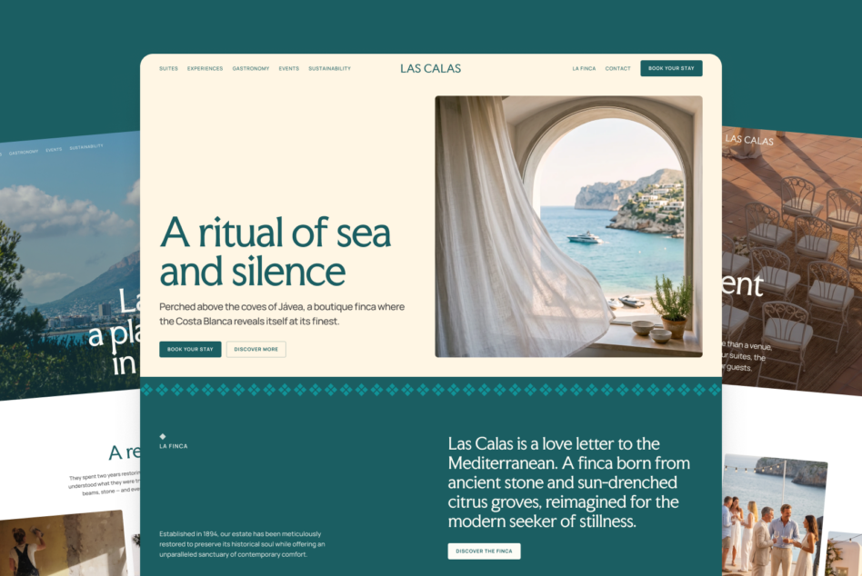 Luxury hotel website mockup showing teal navigation, coastal villa views through arched window, booking buttons