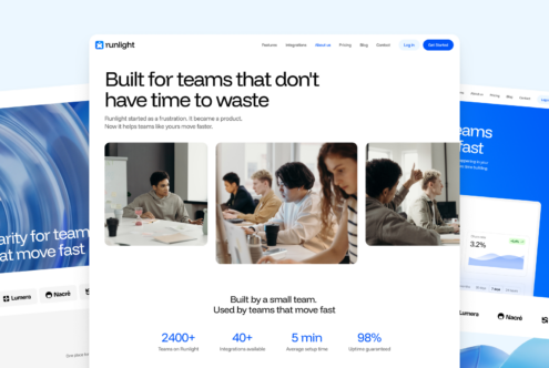 Runlight website homepage showing team collaboration photos, headline copy, integration stats, plus dashboard mockup on right side