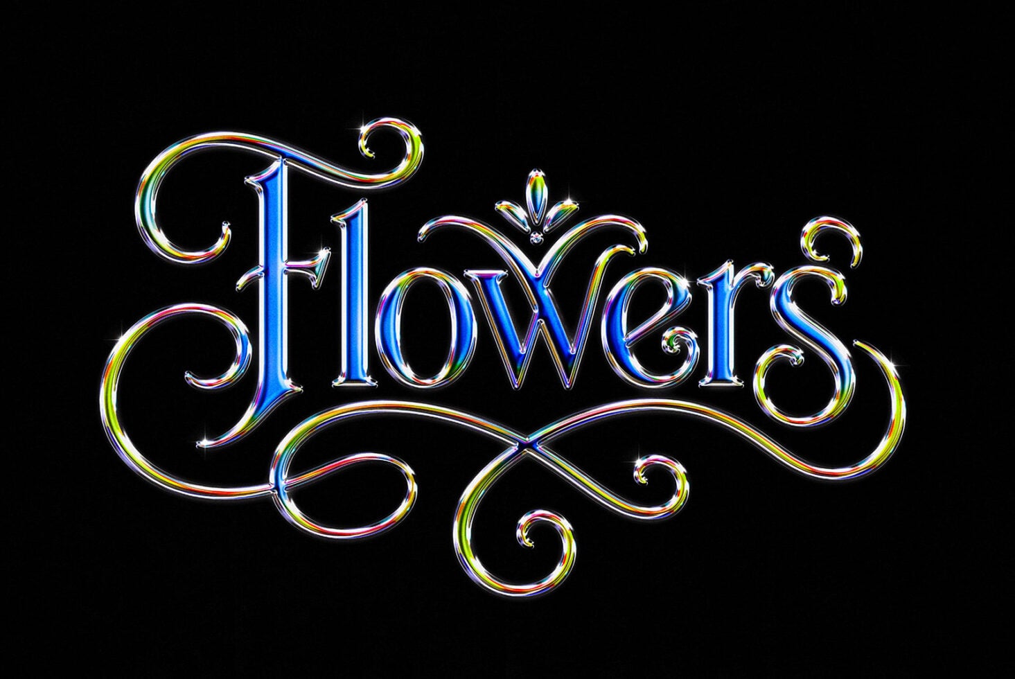 Neon rainbow chrome lettering spelling "Flowers" with ornate swirls on black background