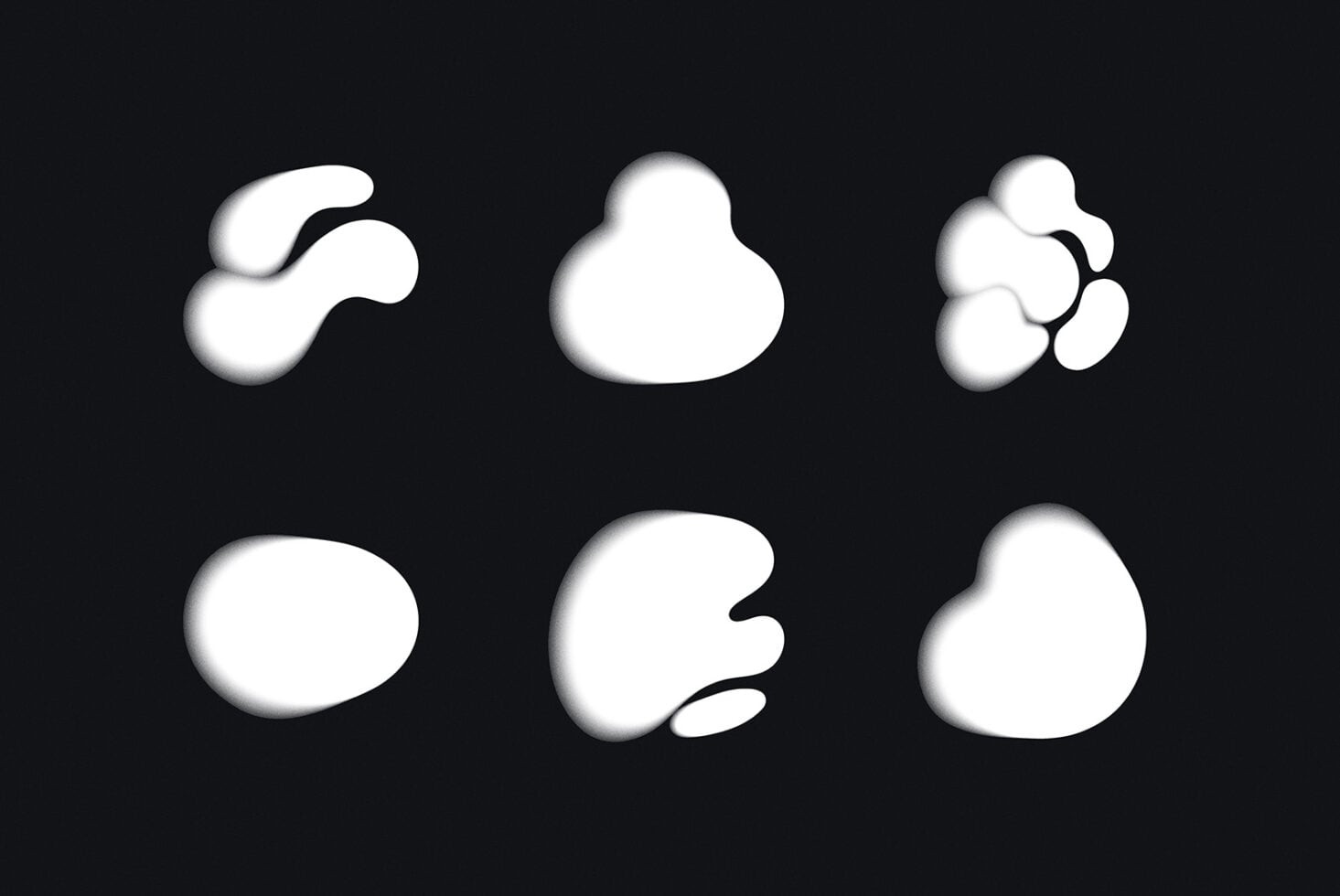 Six white organic blob shapes with soft shadows on dark background