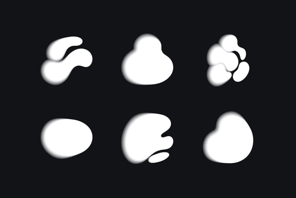 Six white organic blob shapes with soft shadows on dark background
