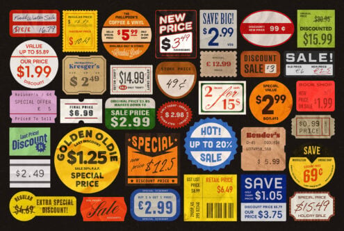 Vintage price stickers mockup pack with retro sale labels in red, yellow, orange