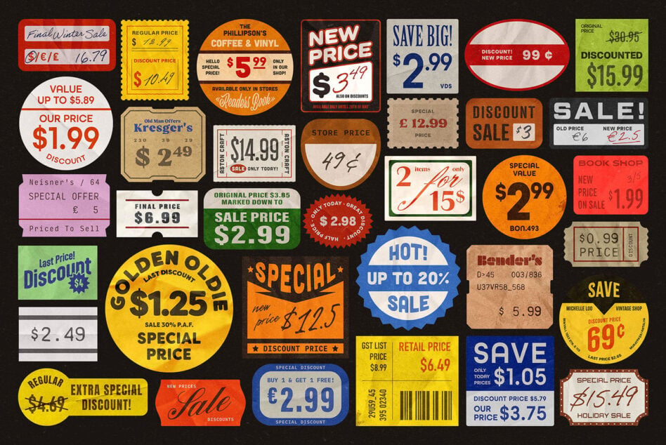 Vintage price stickers mockup pack with retro sale labels in red, yellow, orange