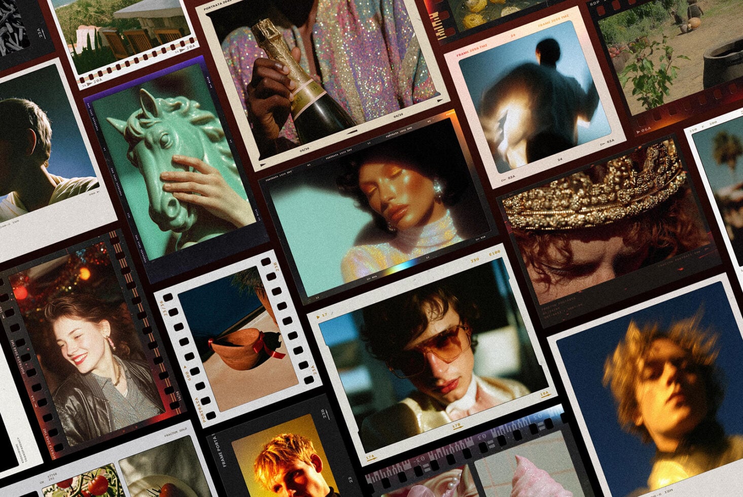 Scattered film strips with moody portraits, champagne shots, glittery textures, plus retro contact sheet vibes throughout