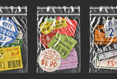 Vintage retail price tags in clear plastic bags, colorful stickers with handwritten discounts, worn textures