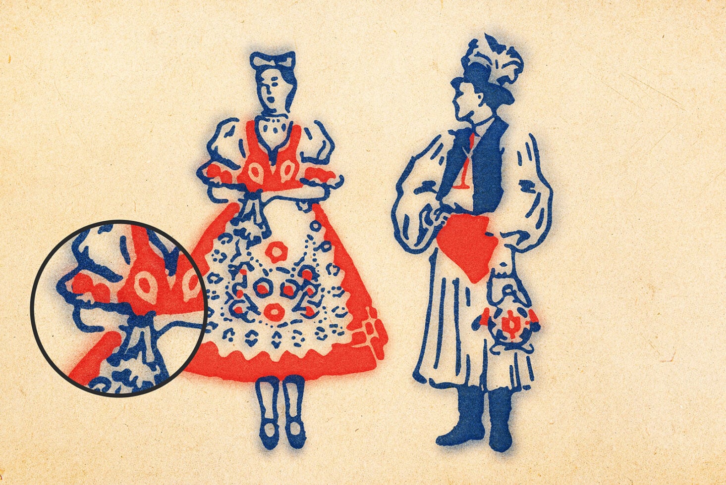 Vintage-style illustration of two women in retro dresses with red, navy, textured details on cream background